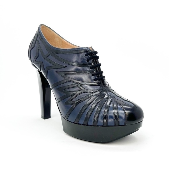 Robert Clergerie Talno Platform Booties Black Blue Leather Size 7.5 Art Deco EUC - Picture 6 of 16